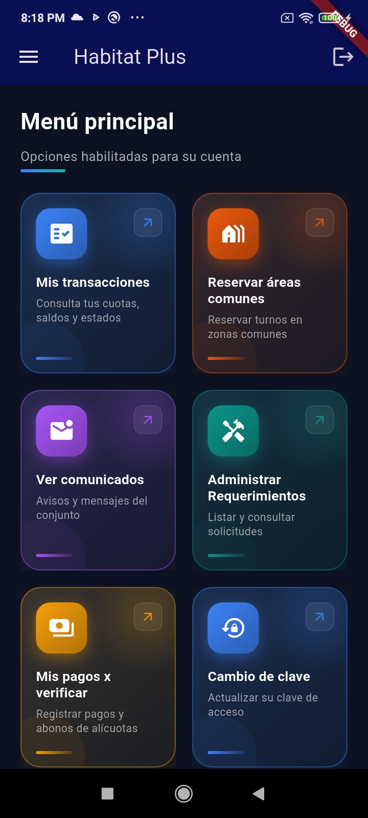 Menú principal de la APP HÁBITAT plus
