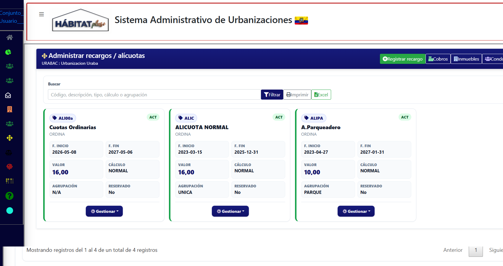 Generación y consulta de recargos o alícuotas