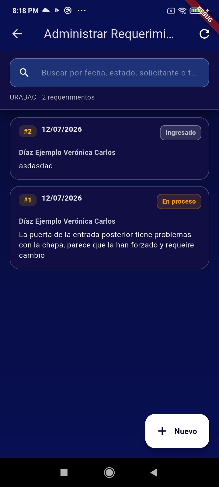 Administración de requerimientos desde la APP