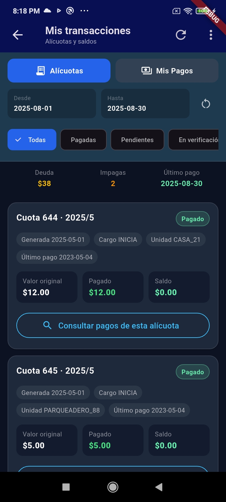 Consulta de transacciones y alícuotas desde la APP